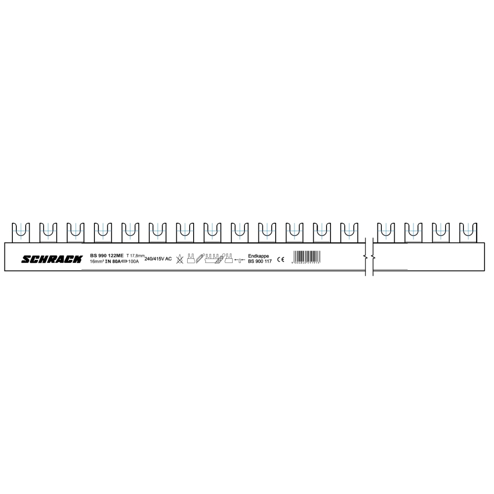 Baretă (busbar) cu contacte furcă, 16mm&sup2;, L1/L2/L3/N, 4P, 1m, Schrack BS990122ME
