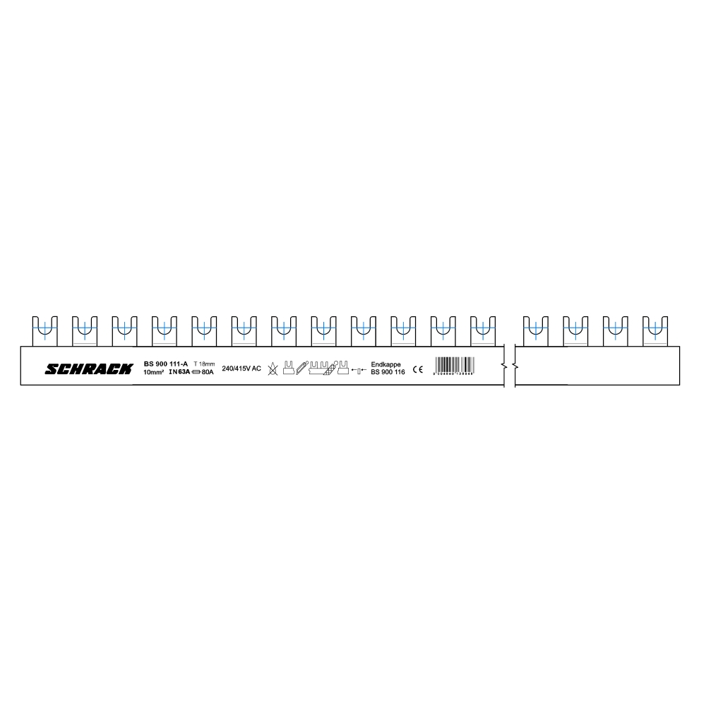 Baretă (busbar) cu contacte furcă, 18mm, 2, 10mm&sup2;, 1m, Schrack BS900111-A