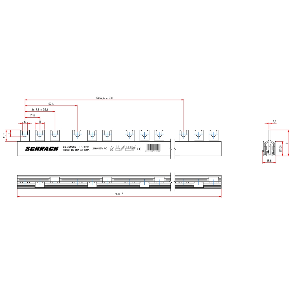 Baretă (busbar) pt. comutatoare de tarife, 3P, 16mm&sup2;, Schrack BE300050--