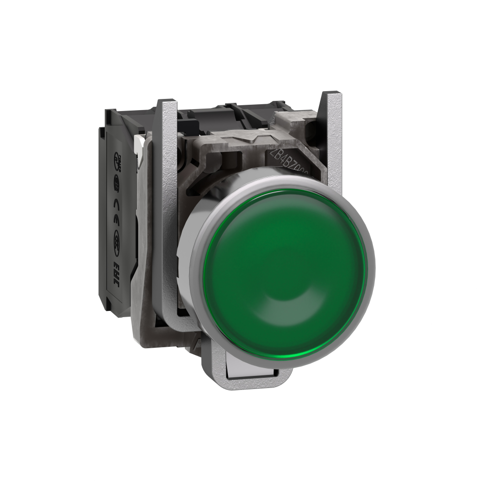 Buton luminos verde, incastrat complet, &Oslash;22, cu revenire, cu arc, 1NO+1NC, 24V, XB4BW33B5, Schneider