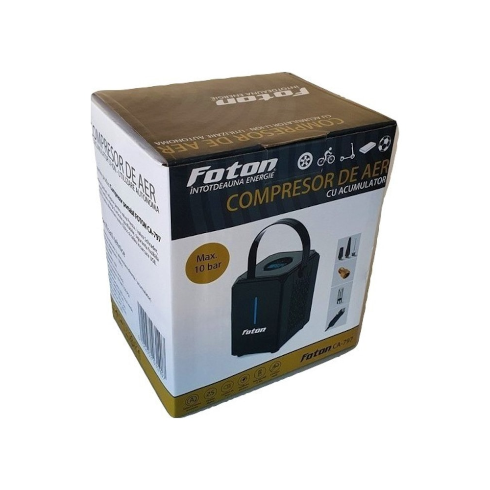 Compresor Foton cu acumulator Li-Ion CA-797, 12V, maxim 10 bar / 150 PSI , display digital cu led , USB, timp incarcare 3-5H