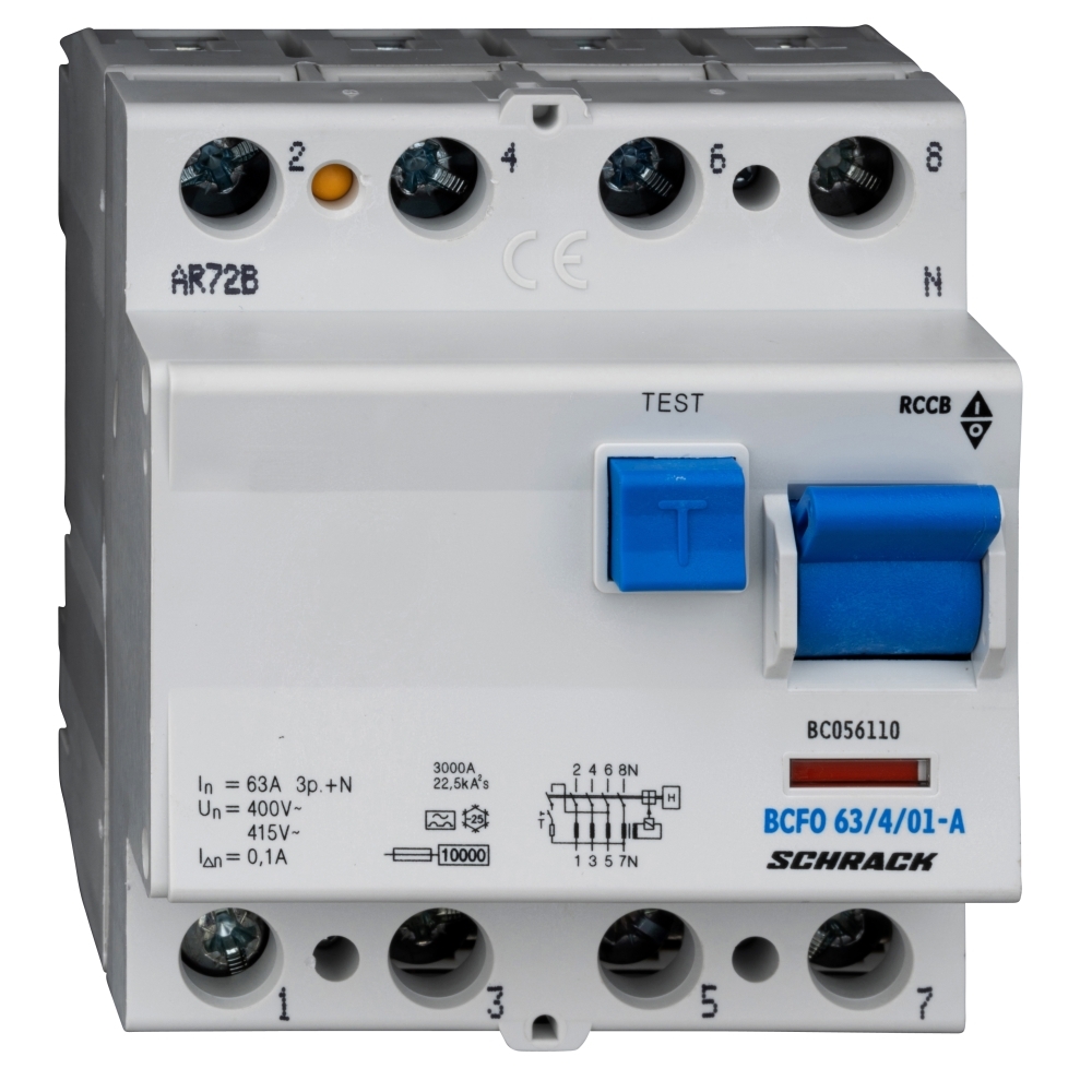 Intreruptor diferential 63A, 4poli, 100mA, BC056110--, Schrack