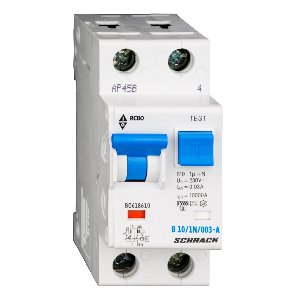 &Icirc;ntreruptor automat+diferenţial, 1P+N,  B10A, 30mA, 10kA, tip A, Schrack BO618610--