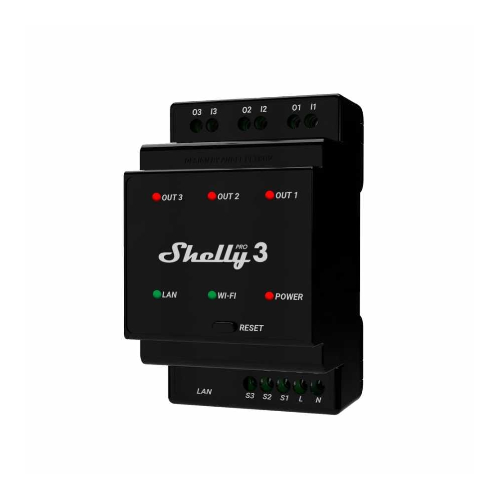 Releu inteligent Shelly Pro 3 - 3canale, WiFi, LAN, sina DIN, control aplicatie, compatibil Amazon Alexa, Google Assistant si Home Assistant