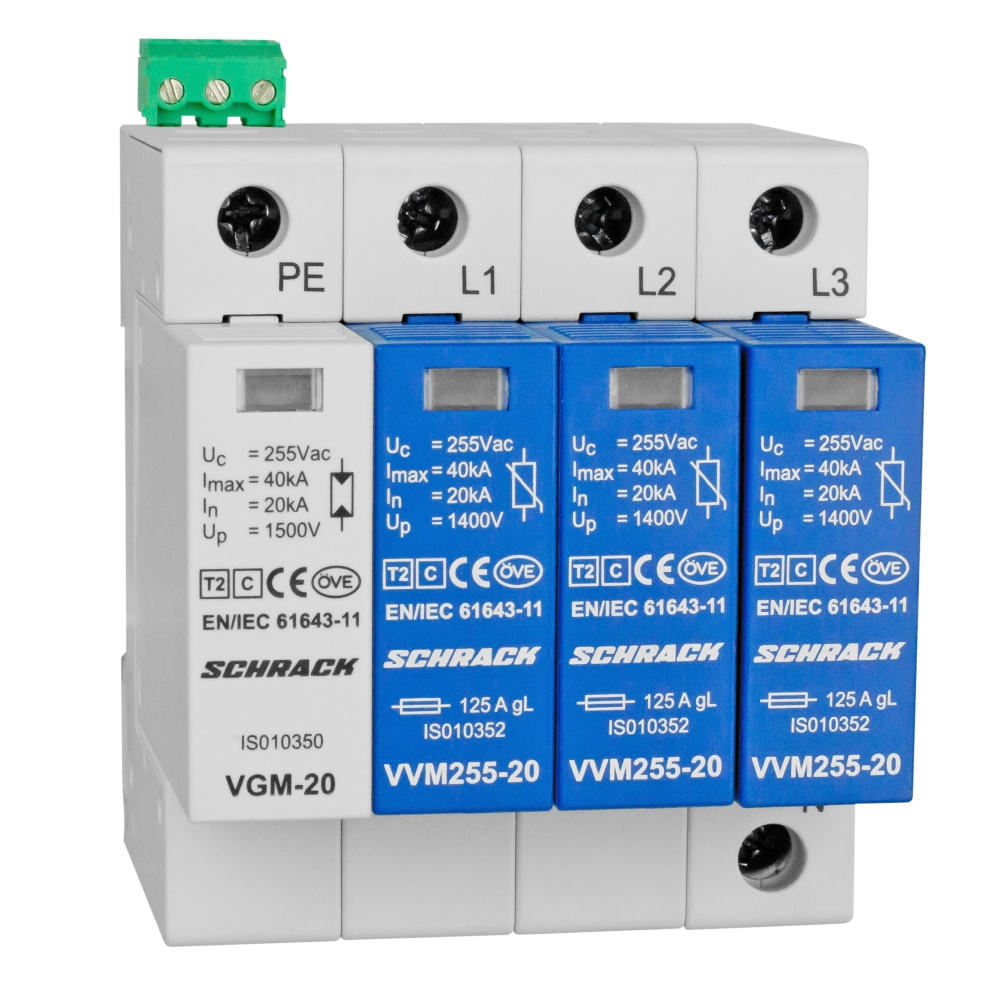 Set VARTEC T2(C) pt. TT 255V/20kA+cont.aux., 3+1, Schrack IS111311--