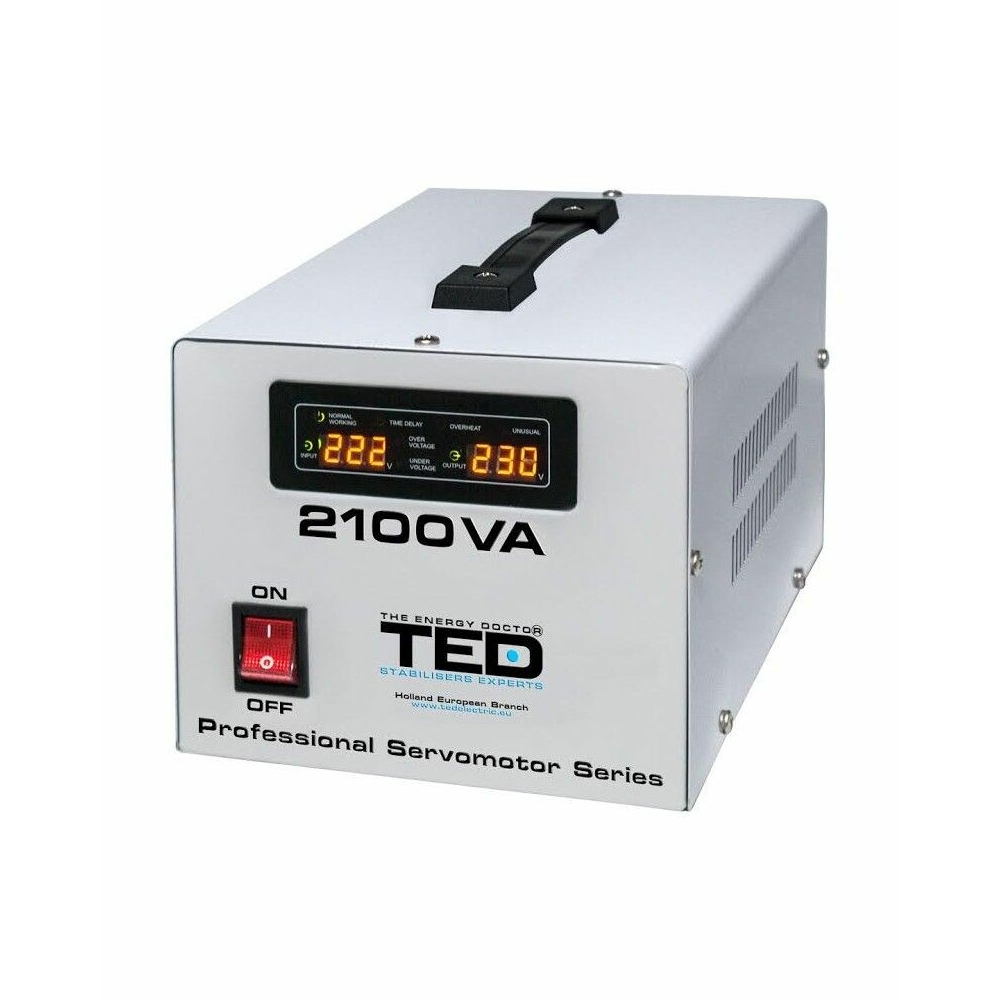 Stabilizator tensiune monofazat 2100VA 1.2KW 1200W cu ServoMotor si 2 iesiri Schuko + ecran LCD cu valorile tensiunii, TED Electric TED000132