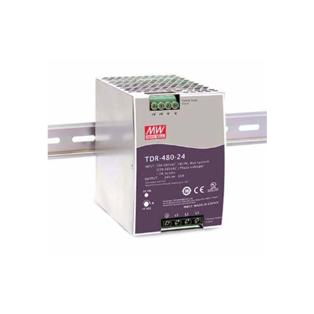 Sursă de alimentare Mean Well TDR-480-24, intrare trifazată sau monofazată, ieșire 24V, 20A, 480W, montaj pe șină DIN