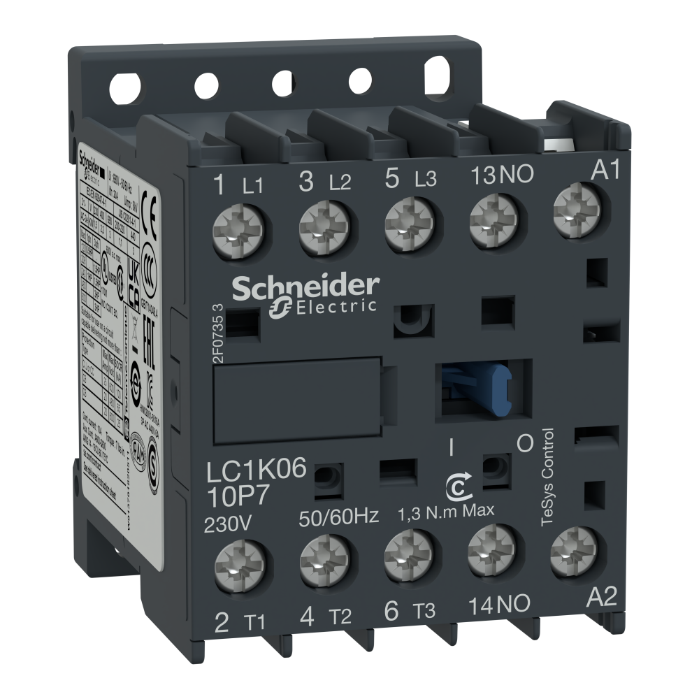 Tesys K contactor - 3P - AC-3 440 V 9 A - 1 NO aux. - 230 V AC bobina, LC1K0910P7, Schneider